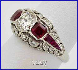 1.45 Ct Moissanite Art Deco & Red Ruby Vintage Engagement Ring 14K White Gold