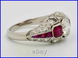 1.45 Ct Moissanite Art Deco & Red Ruby Vintage Engagement Ring 14K White Gold