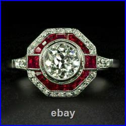 1.8Ct lab Created Diamond, Ruby Art Deco Style Engagement White Gold Filled Ring