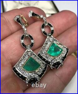 10 CT Art Deco Vintage Colombian Emerald & Diamond Dangle Earring In 925 Silver