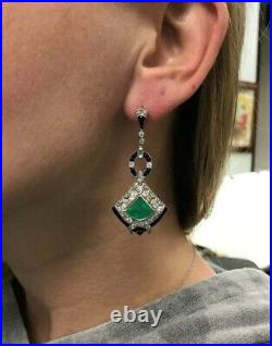 10 CT Art Deco Vintage Colombian Emerald & Diamond Dangle Earring In 925 Silver