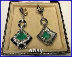 10 CT Art Deco Vintage Colombian Emerald & Diamond Dangle Earring In 925 Silver