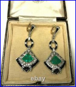 10 CT Art Deco Vintage Colombian Emerald & Diamond Dangle Earring In 925 Silver