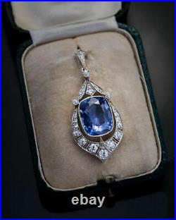12.47 Ct Blue Sapphire & Round Diamond Vintage Art Deco Pendant