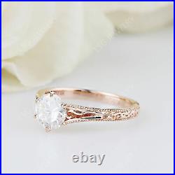 14K Rose Gold 7mm Moissanite Art Deco Vintage Engagement Ring Size 7