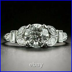14K White Gold Finish 2 Ct Round Simulated Diamond Vintage Art Deco Wedding Ring