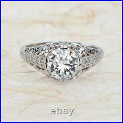 14K White Gold Over Filigree Engagement Vintage Art Deco Ring 2.01 Ct Diamond