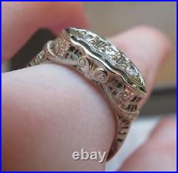 14k Antique Vintage Natural Mine Cut 3 Diamond Engagement Filigree Art Deco Ring