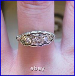 14k Antique Vintage Natural Mine Cut 3 Diamond Engagement Filigree Art Deco Ring