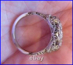 14k Antique Vintage Natural Mine Cut 3 Diamond Engagement Filigree Art Deco Ring