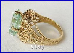 14k Gold Vintage Art Deco Style Fantasy Emerald Cut Aquamarine Filigree Ring Sz6