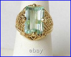 14k Gold Vintage Art Deco Style Fantasy Emerald Cut Aquamarine Filigree Ring Sz6
