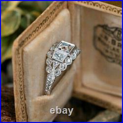 14k White Gold Vintage Art Deco Ring Engagement Wedding Ring 2 Ct Diamond