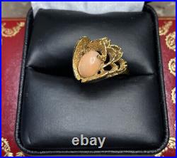 14k Yellow Gold Coral Art Deco Modern Vintage Antique Cocktail Estate Ring 6 1/4