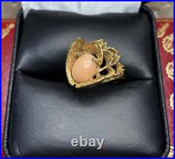 14k Yellow Gold Coral Art Deco Modern Vintage Antique Cocktail Estate Ring 6 1/4