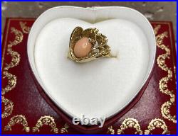 14k Yellow Gold Coral Art Deco Modern Vintage Antique Cocktail Estate Ring 6 1/4