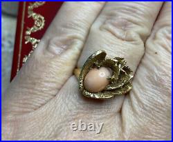 14k Yellow Gold Coral Art Deco Modern Vintage Antique Cocktail Estate Ring 6 1/4