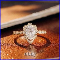 14k Yellow Gold Plated 3Ct Pear Cut Moissanite Vintage Art Deco Engagement Ring