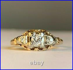 14kt 18kt White Yellow Gold. 15 Diamond Two Tone Ring Filigree Vintage Art Deco