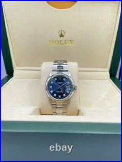#1500 Vintage ROLEX Oyster Perpetual Date 34mm Blue Dial Diamond Steel Watch