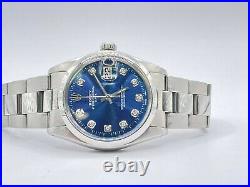 #1500 Vintage ROLEX Oyster Perpetual Date 34mm Blue Dial Diamond Steel Watch