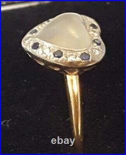 18 carat solid gold sapphire & moonstone vintage Art Deco antique heart ring N