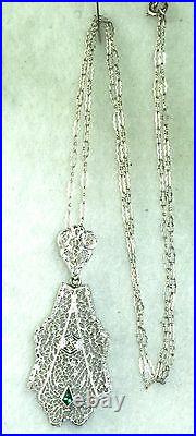 1920's Antique Art Deco 14k White Gold Filigree Emerald Diamond Necklace