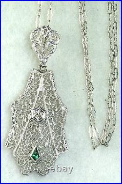 1920's Antique Art Deco 14k White Gold Filigree Emerald Diamond Necklace