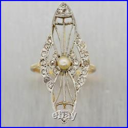 1920's Antique Art Deco Platinum & 14k Yellow Gold Diamond & Pearl Ring
