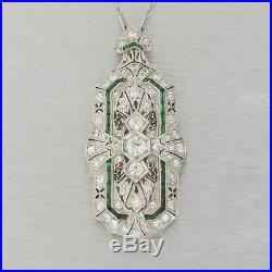 1920's Antique Art Deco Platinum 2.5ctw Diamond & Emerald Pendant 16 Necklace