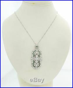 1920's Antique Art Deco Platinum 2.5ctw Diamond & Emerald Pendant 16 Necklace