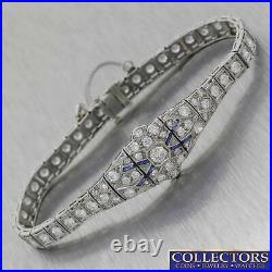 1920s Antique Art Deco Estate Platinum 5.00ctw Diamond Sapphire Bracelet E8