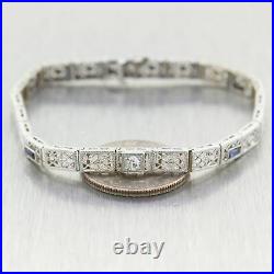 1930 Antique Art Deco 14k White Gold. 35ctw Sapphire & Diamond Filigree Bracelet