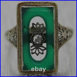 1930's Antique Art Deco 14k White Gold Green Onyx & Diamond Filigree Ring
