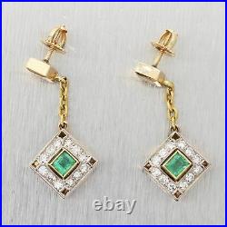 1930's Antique Art Deco 14k Yellow Gold 1.50ctw Emerald & Diamond Drop Earrings