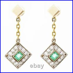 1930's Antique Art Deco 14k Yellow Gold 1.50ctw Emerald & Diamond Drop Earrings