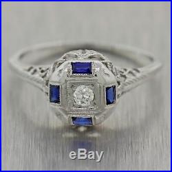 1930's Antique Art Deco 18k White Gold 0.26ctw Diamond & Sapphire Filigree Ring