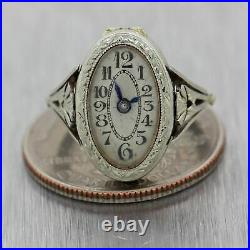 1930's Antique Art Deco 18k White Gold Watch Ring