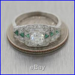 1930's Antique Art Deco Platinum 0.91ctw Diamond & Emerald Ring