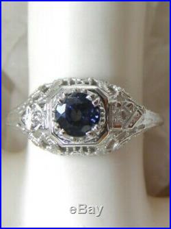 1930s ANTIQUE 18KT WG GENUINE SAPPHIRE DIAMOND FILIGREE ART DECO ENGAGEMENT RING