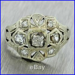 1930s Antique Art Deco 14k Solid White Gold. 40ctw Diamond Filigree Dome Ring