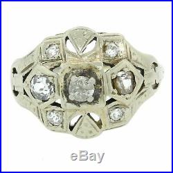 1930s Antique Art Deco 14k Solid White Gold. 40ctw Diamond Filigree Dome Ring
