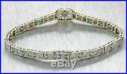 1930s Antique Art Deco 14k Solid White Gold Emerald Diamond Filigree Bracelet