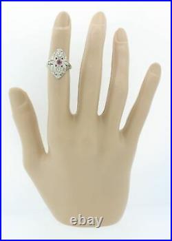 1930s Antique Art Deco 18k Solid White Gold. 12ct Red Ruby. 28ctw Diamond Ring