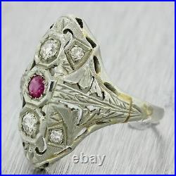 1930s Antique Art Deco 18k Solid White Gold. 12ct Red Ruby. 28ctw Diamond Ring