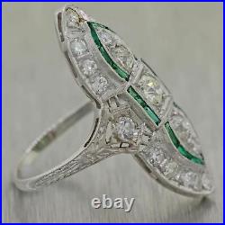 1930s Antique Art Deco Platinum 1.50ctw Diamond Emerald Cocktail Ring