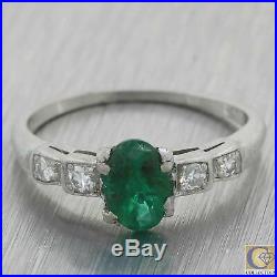 1930s Antique Art Deco Platinum. 60ctw Green Emerald Diamond Engagement Ring A8