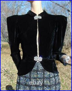 1930s Black Silk Velvet Jacket Puff Peaked Shoulders Deco Clasps 26w