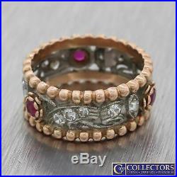 1940s Antique Art Deco 14k Rose Gold. 70ctw Diamond Ruby 8mm Wide Band Ring G8