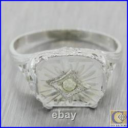 1940s Antique Art Deco Estate 14k White Filigree Camphor Glass Diamond Ring F8